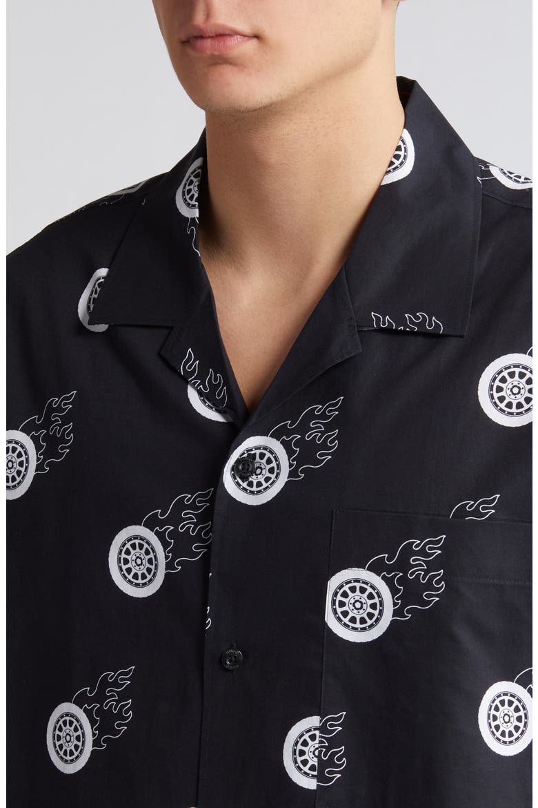 Egeeno Flaming Tire Print Camp Shirt, Alternate, color, BLACK