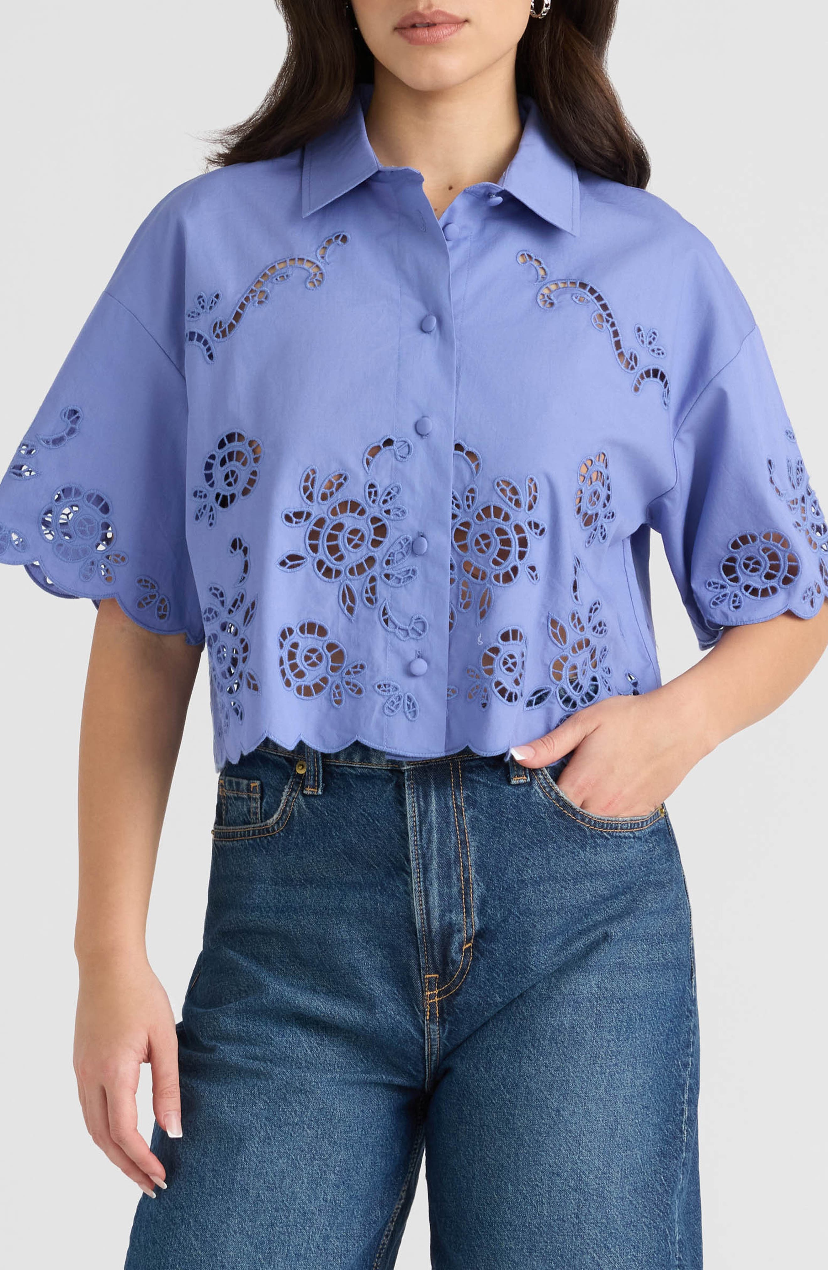 Eyelet Cotton Poplin Camp Shirt