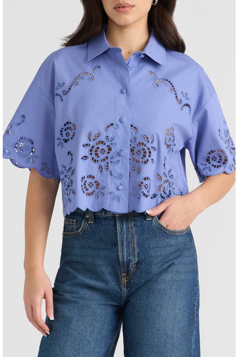 Eyelet Cotton Poplin Camp Shirt, Main, color, VIOLET BLUE