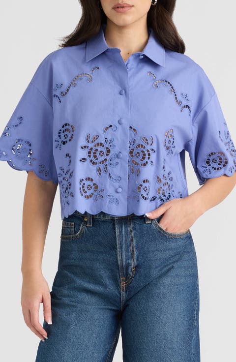 Eyelet Cotton Poplin Camp Shirt