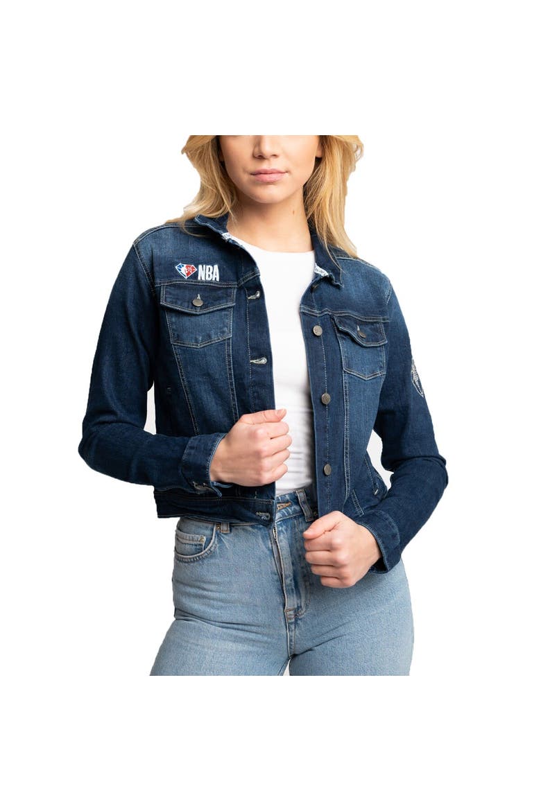 Women's Lusso Blue NBA 75th Anniversary Georgie Swarovski Crystals Denim Button-Up Jacket, Alternate, color, Blue