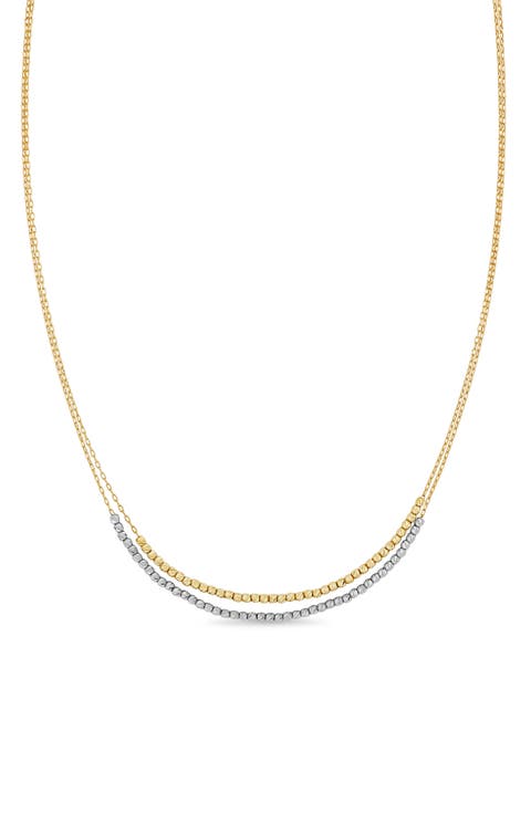14K Gold Two Tone Double Beaded Layered Chain Necklace