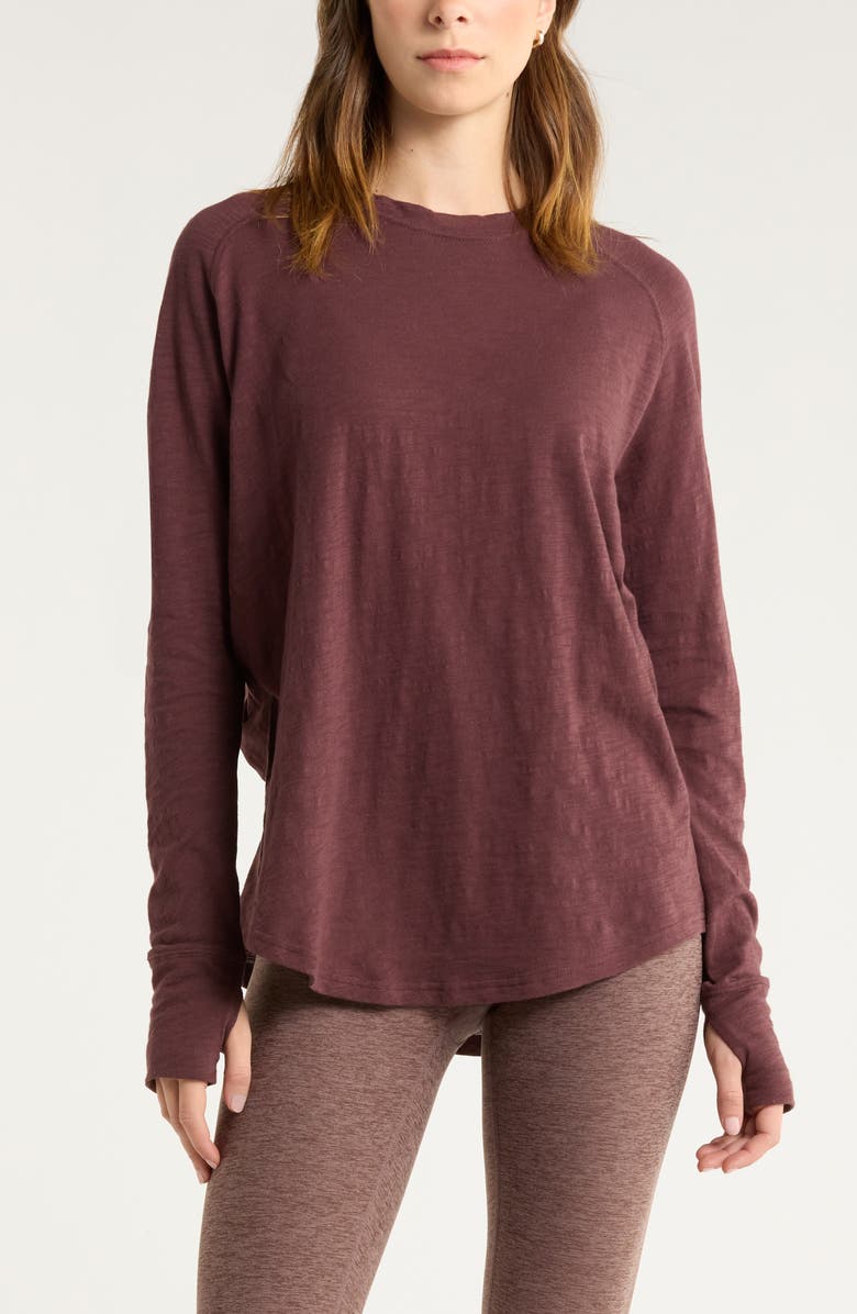 Zella Relaxed Washed 2.0 Long Sleeve Slub Tee, Main, color, Burgundy Fudge