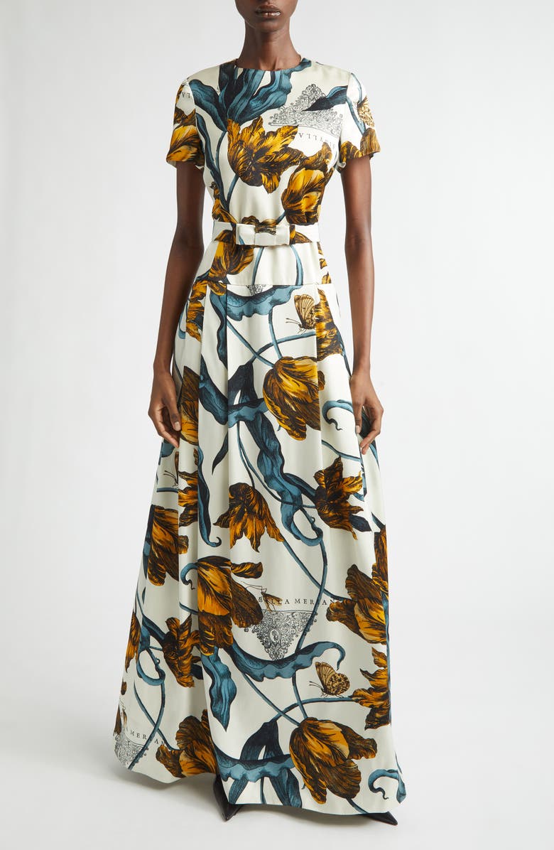 Erdem Tulip Print Belted Drop Waist Duchesse Satin Gown, Main, color, Etched Tulip Bronze
