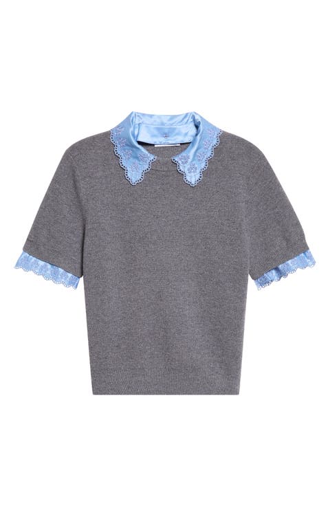 Short Sleeve Wool & Cashmere Sweater with Removable Collar