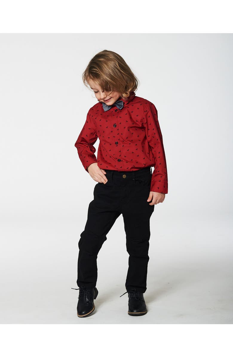 Deux par Deux Baby Boy's Printed Reindeer Poplin Shirt With Bow Tie Red, Alternate, color, Jester Red