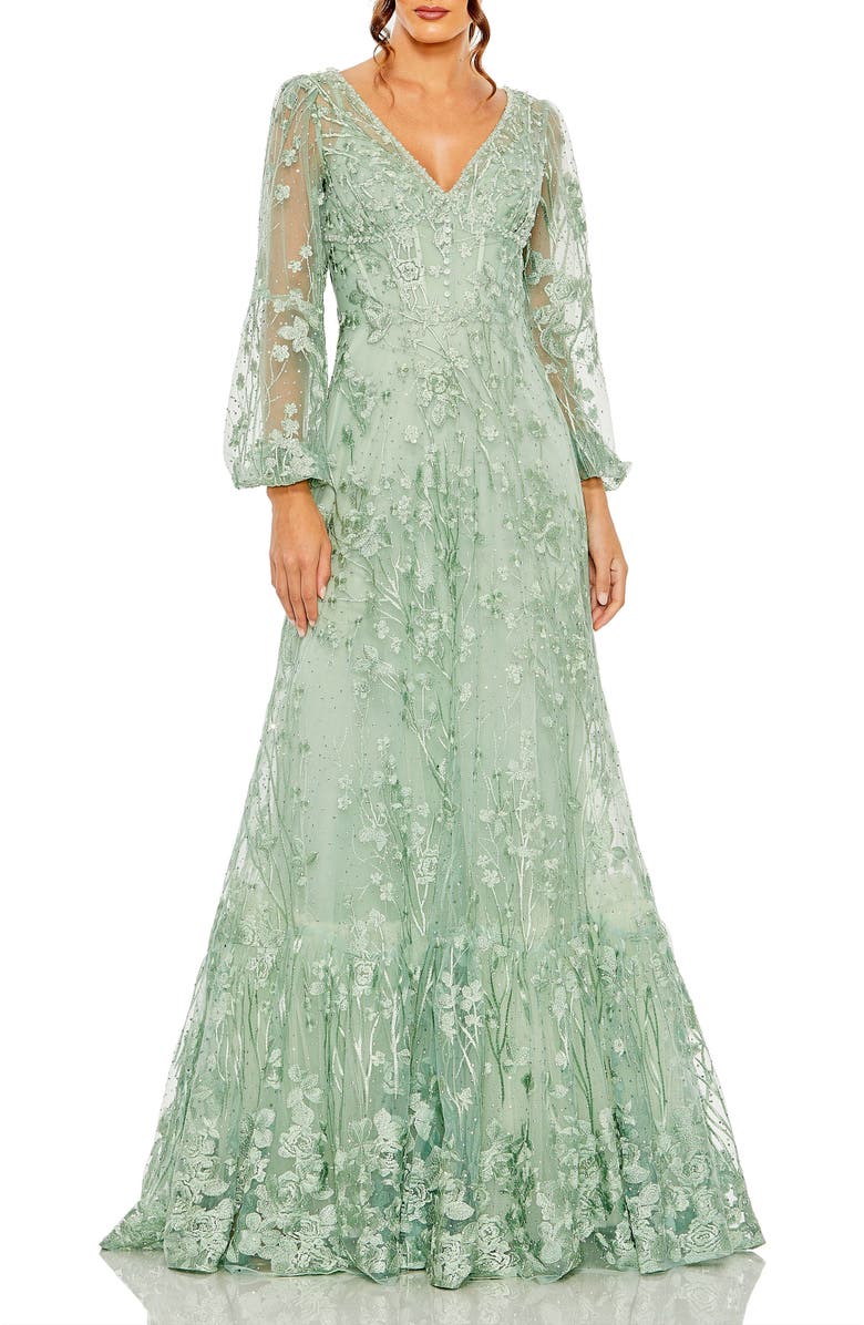 Mac Duggal V Neck Puff Sleeve A Line Embroidered Gown, Main, color, Sage