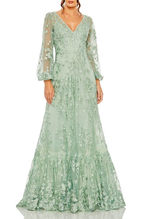 V Neck Puff Sleeve A Line Embroidered Gown