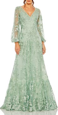 Mac Duggal V Neck Puff Sleeve A Line Embroidered Gown