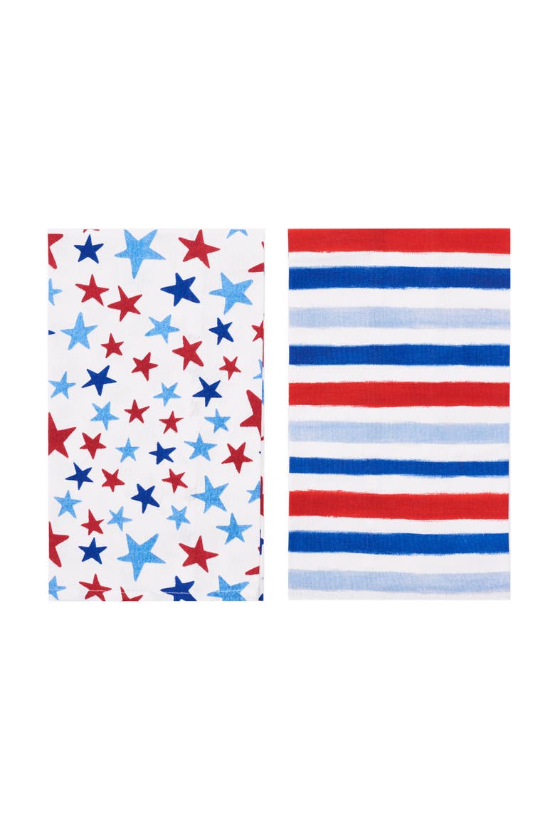 Watercolor Red White and Blue Stars & Stripes 4th of July Kitchen Towel Set of 2, Main, color, red