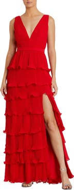 Mac Duggal Sleeveless Ruffle Tiered V Neck Gown