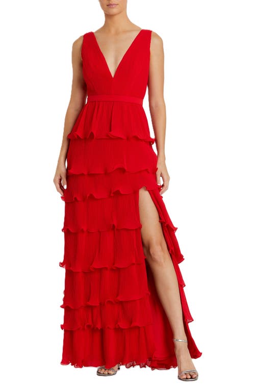 Mac Duggal Tiered Ruffle Empire Waist Chiffon Gown In Red