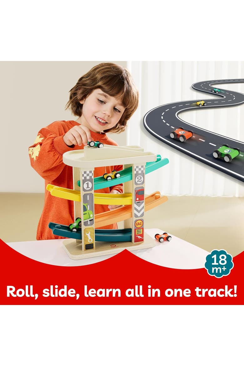 Wooden Car Ramp Race Track Toddler Montessori Toy with Garage, Alternate, color, Multicolor