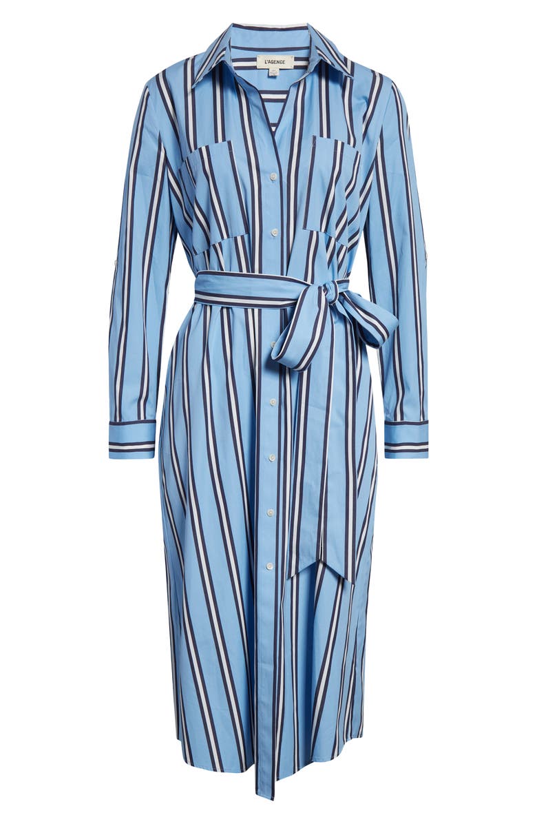 L'AGENCE Jubilee Stripe Belted Long Sleeve Cotton Shirtdress, Alternate, color, Sky Blue/ Midnight Stripe