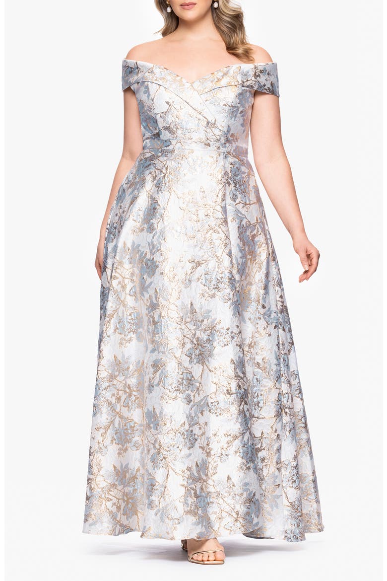 Off the Shoulder Brocade Gown, Main, color, BLUE/ GOLD