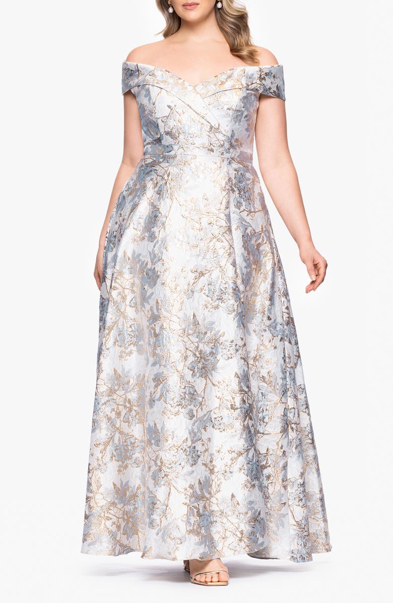 Xscape Evenings Off the Shoulder Brocade Gown, Main, color,