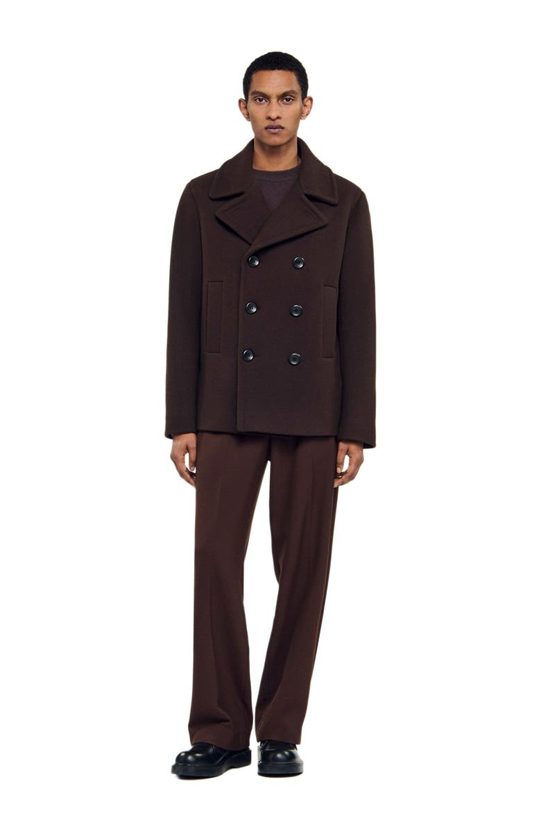 SANDRO Double-breasted wool pea coat, Main, color, Chocolate