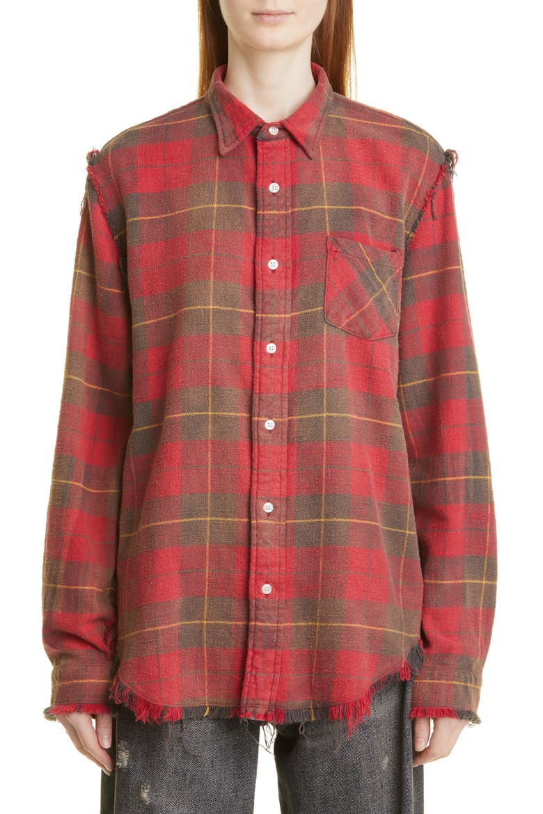 Shredded Seam Distressed Plaid Button-Up Shirt, Main, color, RED/ GREY PLAID