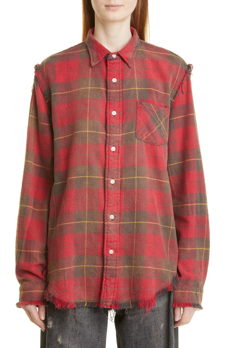R13 Shredded Seam Distressed Plaid Button-Up Shirt, Main, color,