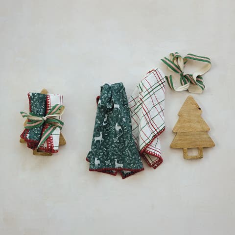 Artisan Cotton Tea Towels & Mango Wood Tree Board, Set of 3 Towels