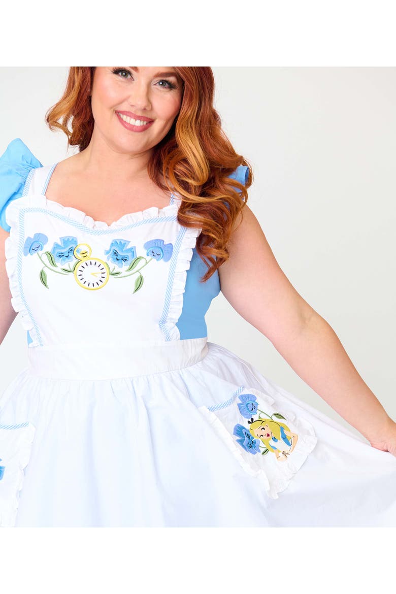 Plus Size 1950s Ruffled Apron Swing Dress, Alternate, color, Blue & White Alice Print