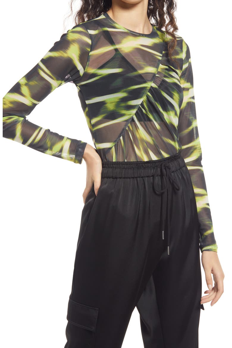 Ruched Mesh Top, Main, color, GREEN THYME LIGHTSTRIPE