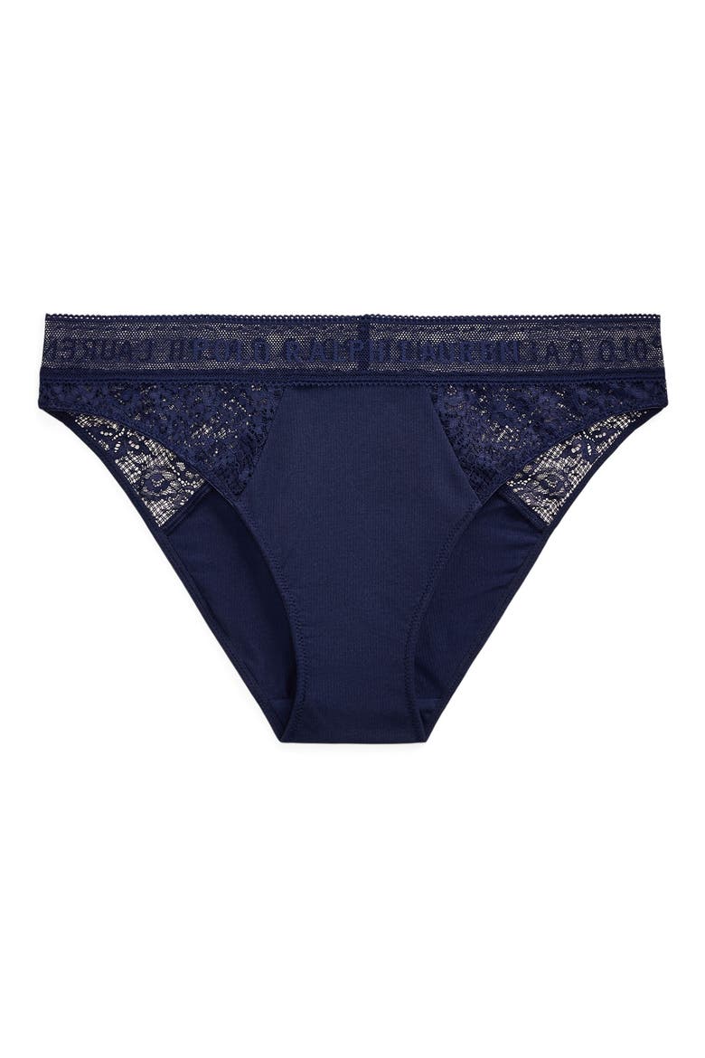Lace & Stretch Cotton Rib Bikini, Alternate, color, NAVY