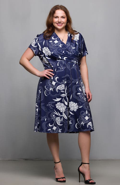 24seven Comfort Apparel Plus Size Print Short Sleeve Knee Length V-neck Wrap Dress In Navy Multi