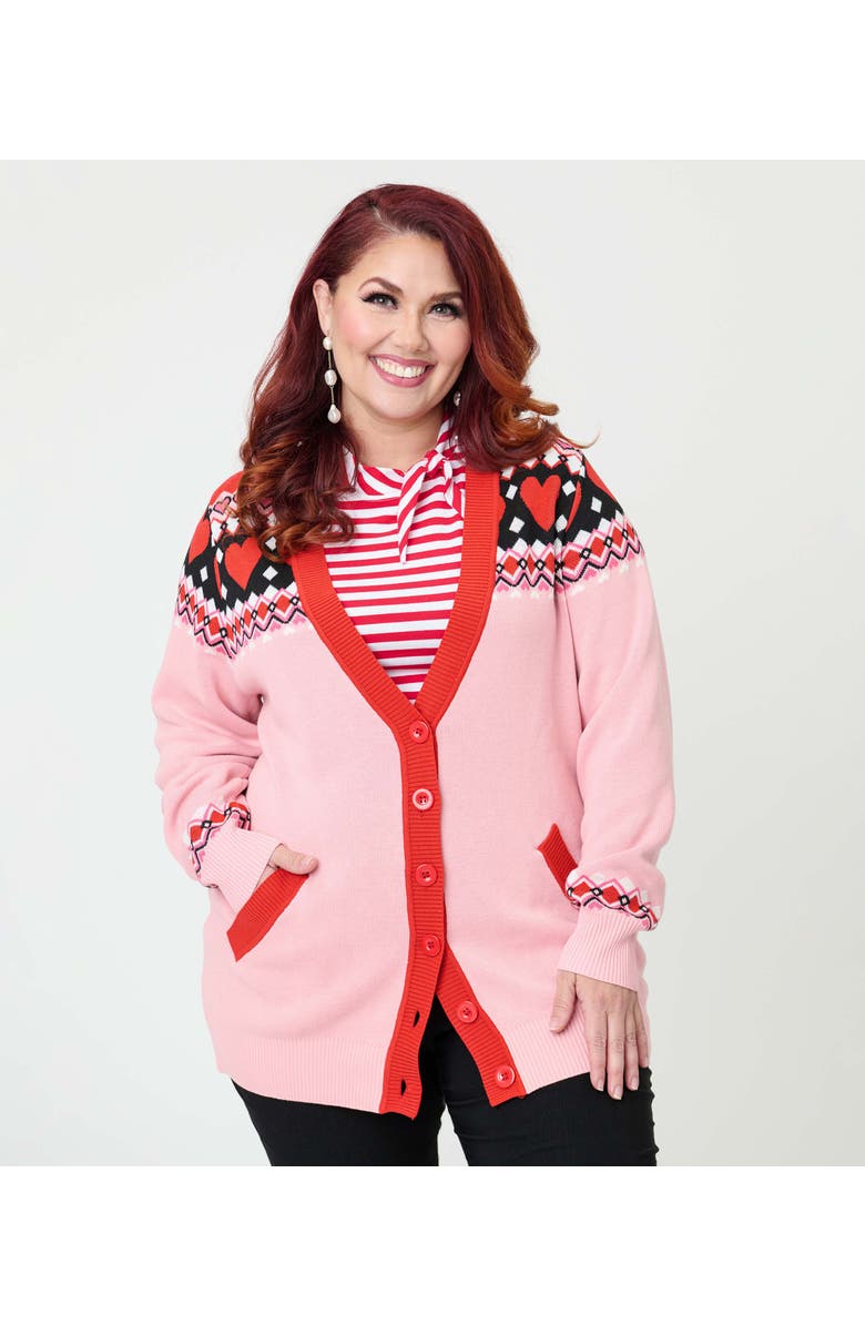 Unique Vintage Plus Size Printed Knit Long Cardigan, Main, color, Pink Fair Isle Print