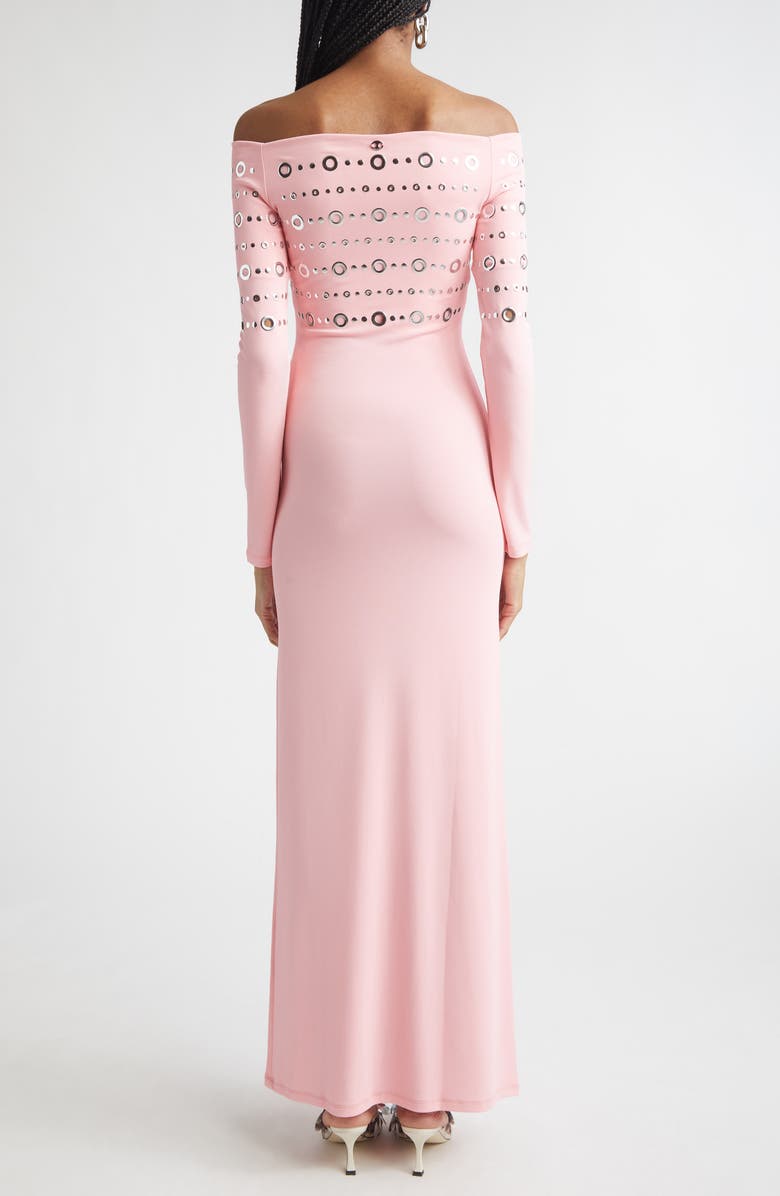 Rabanne Embellished Off the Shoulder Long Sleeve Jersey Dress, Alternate, color, Fluo Pink