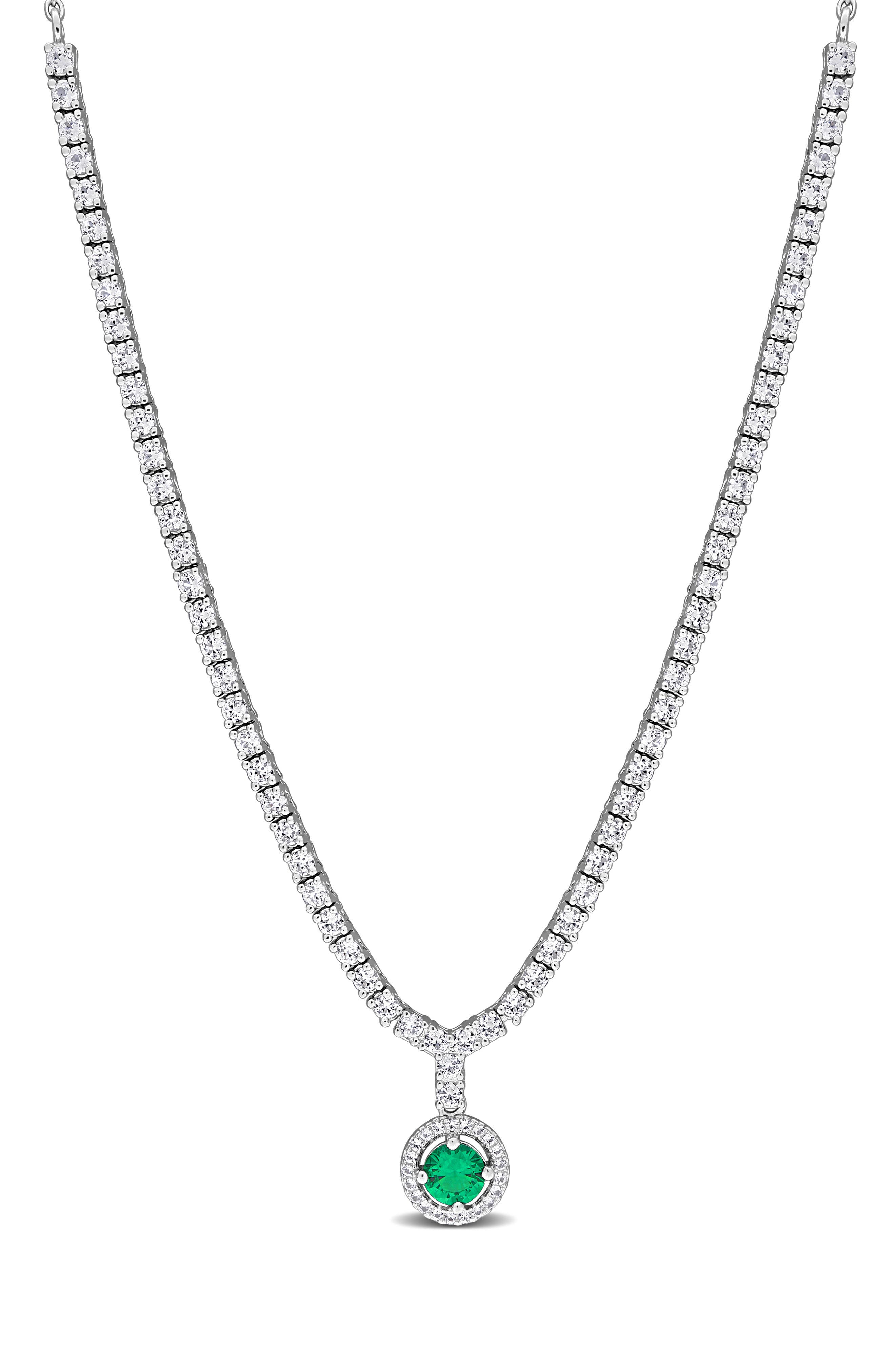 Created Emerald Halo Pendant Necklace