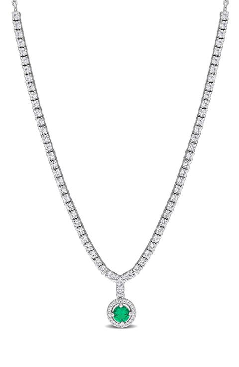 Created Emerald Halo Pendant Necklace
