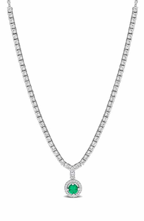 Created Emerald Halo Pendant Necklace