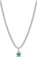 DELMAR Created Emerald Halo Pendant Necklace