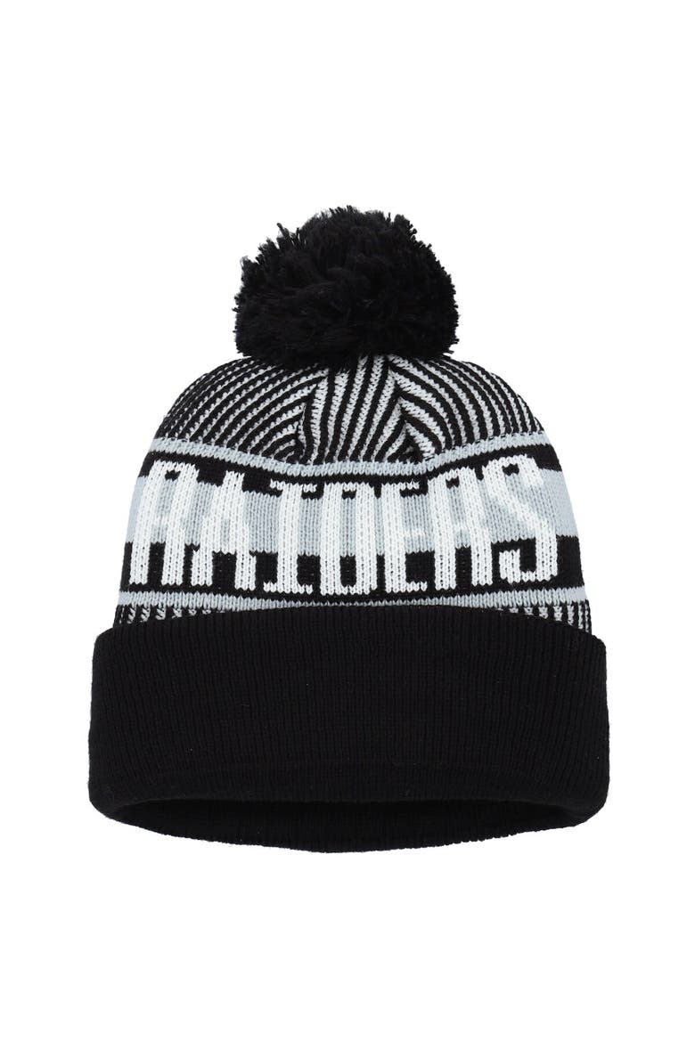 Youth New Era Black Las Vegas Raiders Striped  Cuffed Knit Hat with Pom, Alternate, color, Black