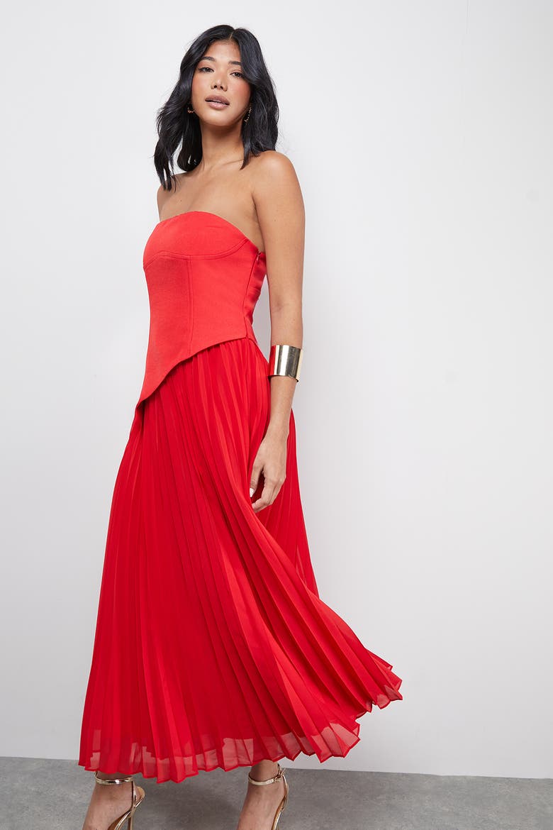 Bandeau Bodice Pleated Midi Dress, Alternate, color, Red