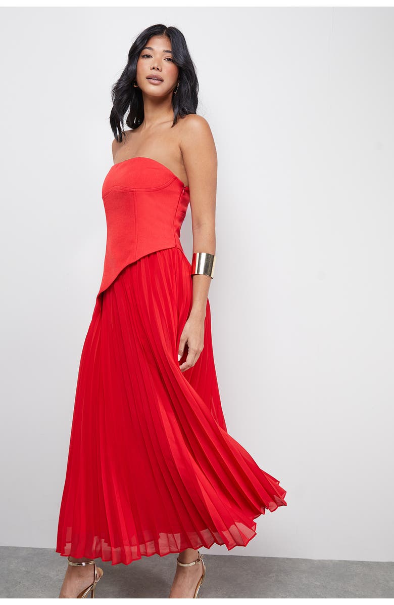 Warehouse Bandeau Bodice Pleated Midi Dress, Alternate, color, Red