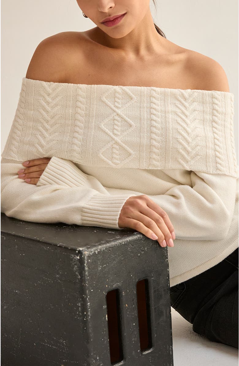 CRESCENT Off Shoulder Cable Knit Top, Alternate, color, Ivory