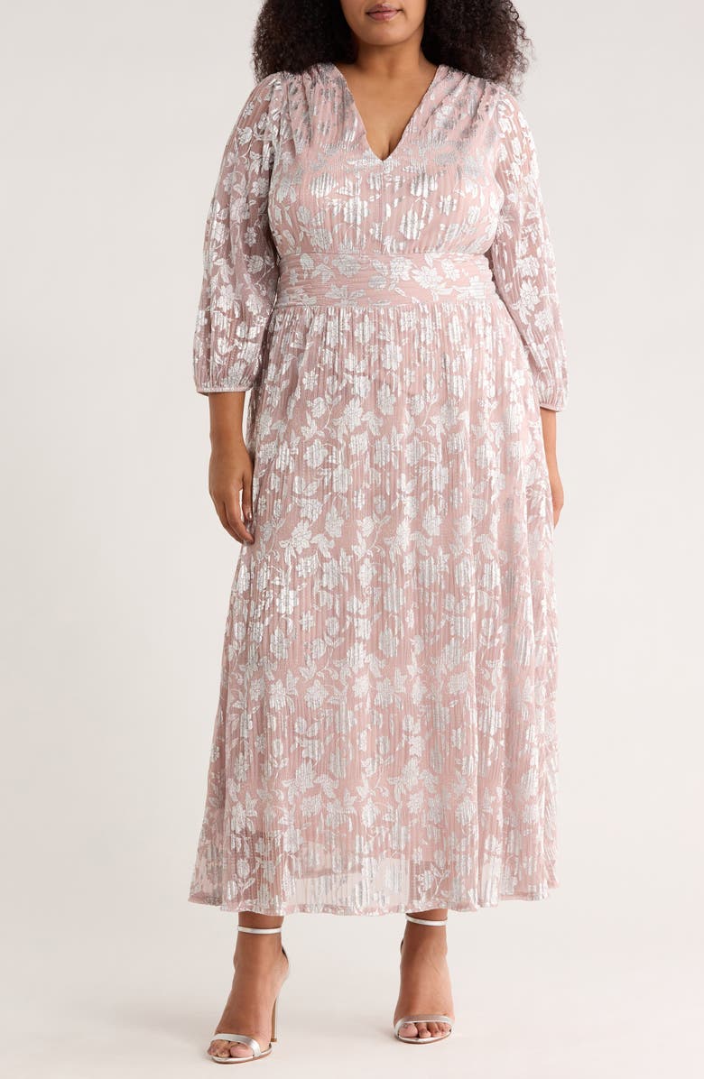 Oleg Cassini Metallic Floral Long Sleeve Gown, Main, color, Blush