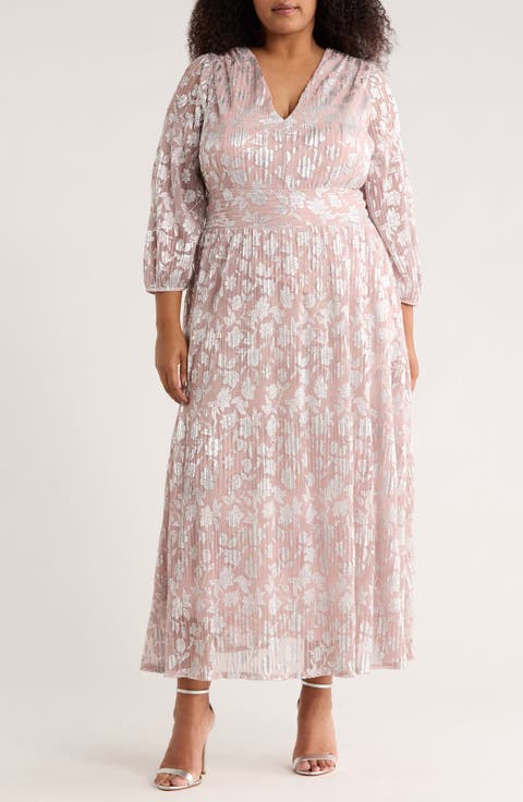 Metallic Floral Long Sleeve Gown (Plus)