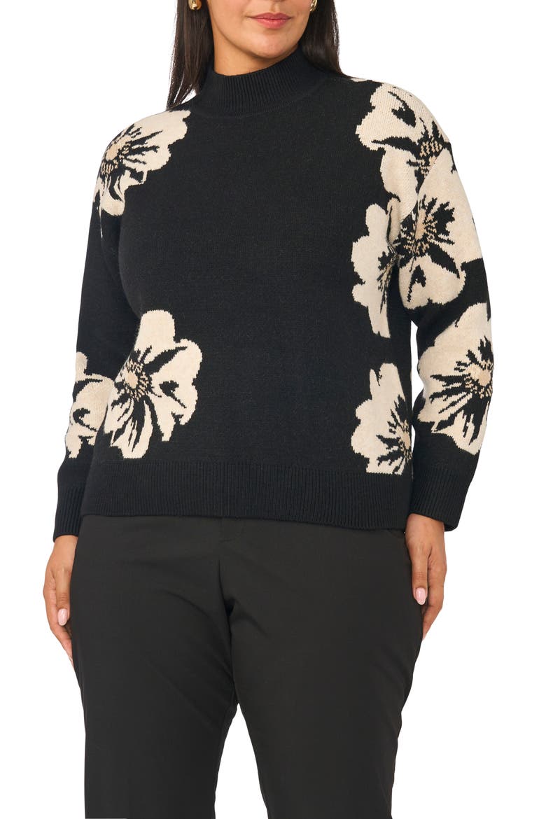 Floral Intarsia Mock Neck Sweater, Main, color, RICH BLACK