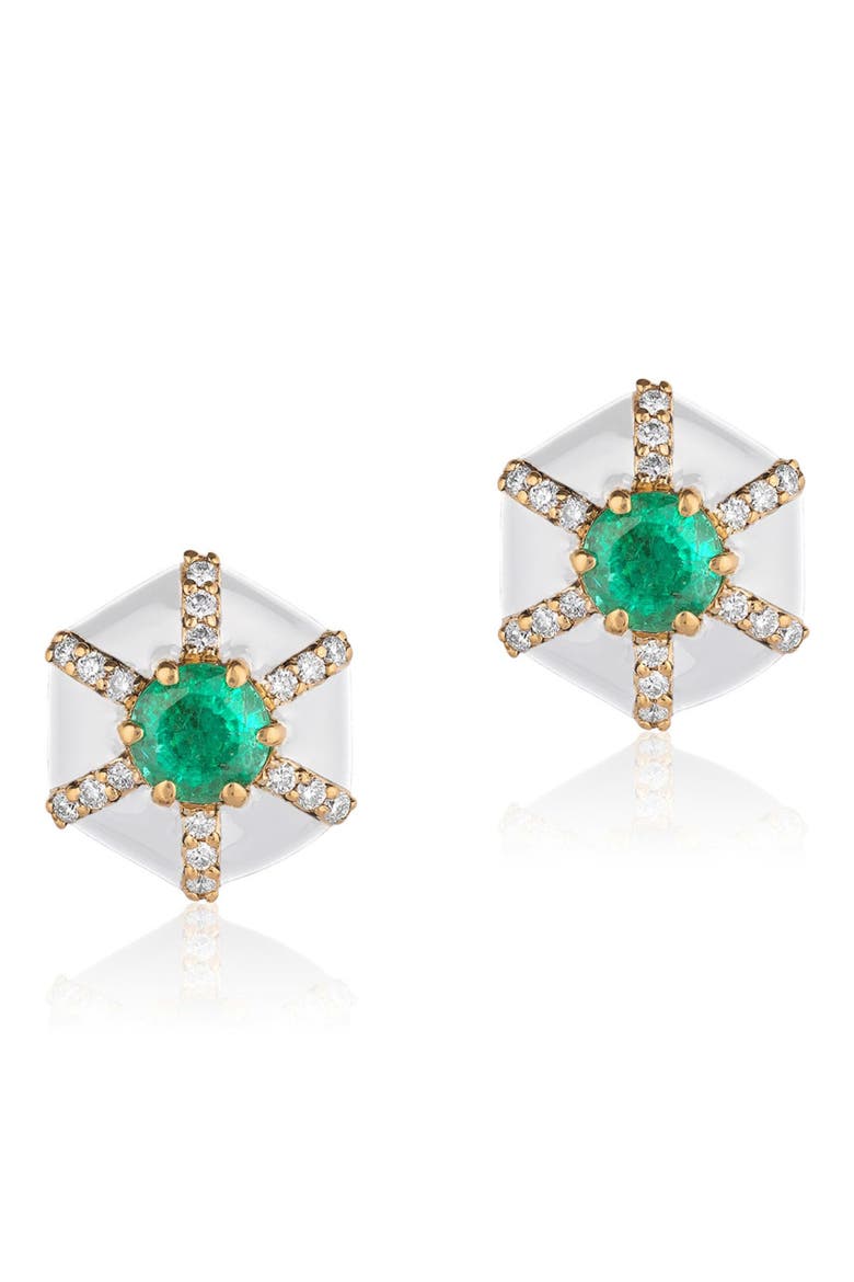 Queen Hexagon Emerald & Diamond Stud Earrings, Main, color, GREEN / WHITE