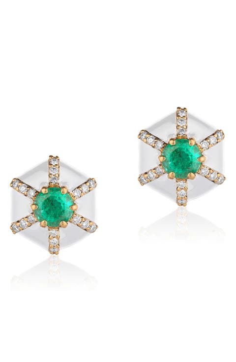 Queen Hexagon Emerald 
Diamond Stud Earrings
