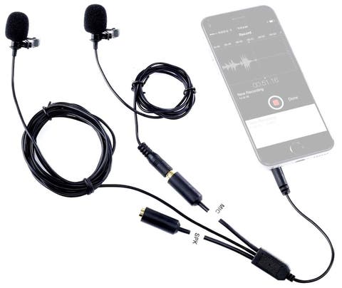 Executive Lavalier Clip-on Interview Microphone with Secondary Mic & Headphone Monitoring Input for Smartphones/Tablets