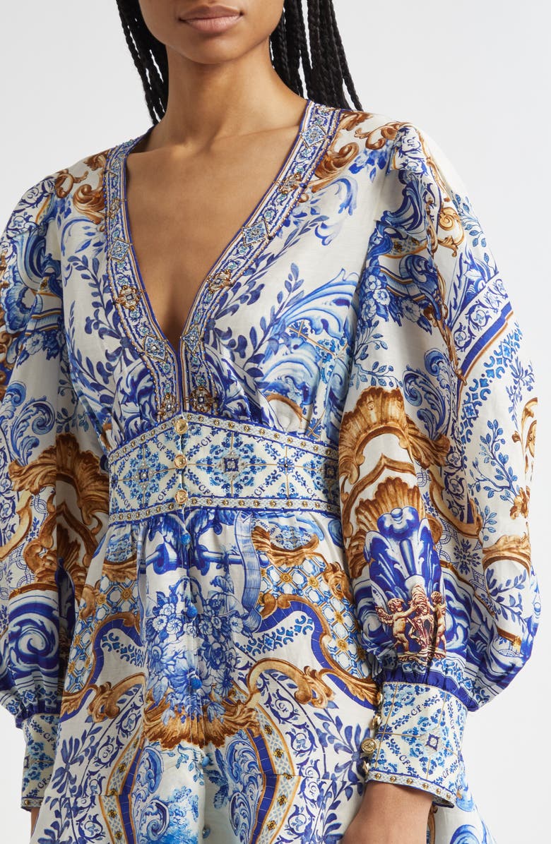 Camilla Button Front Frill Long Sleeve Linen & Silk Minidress, Alternate, color, Azul Adventures