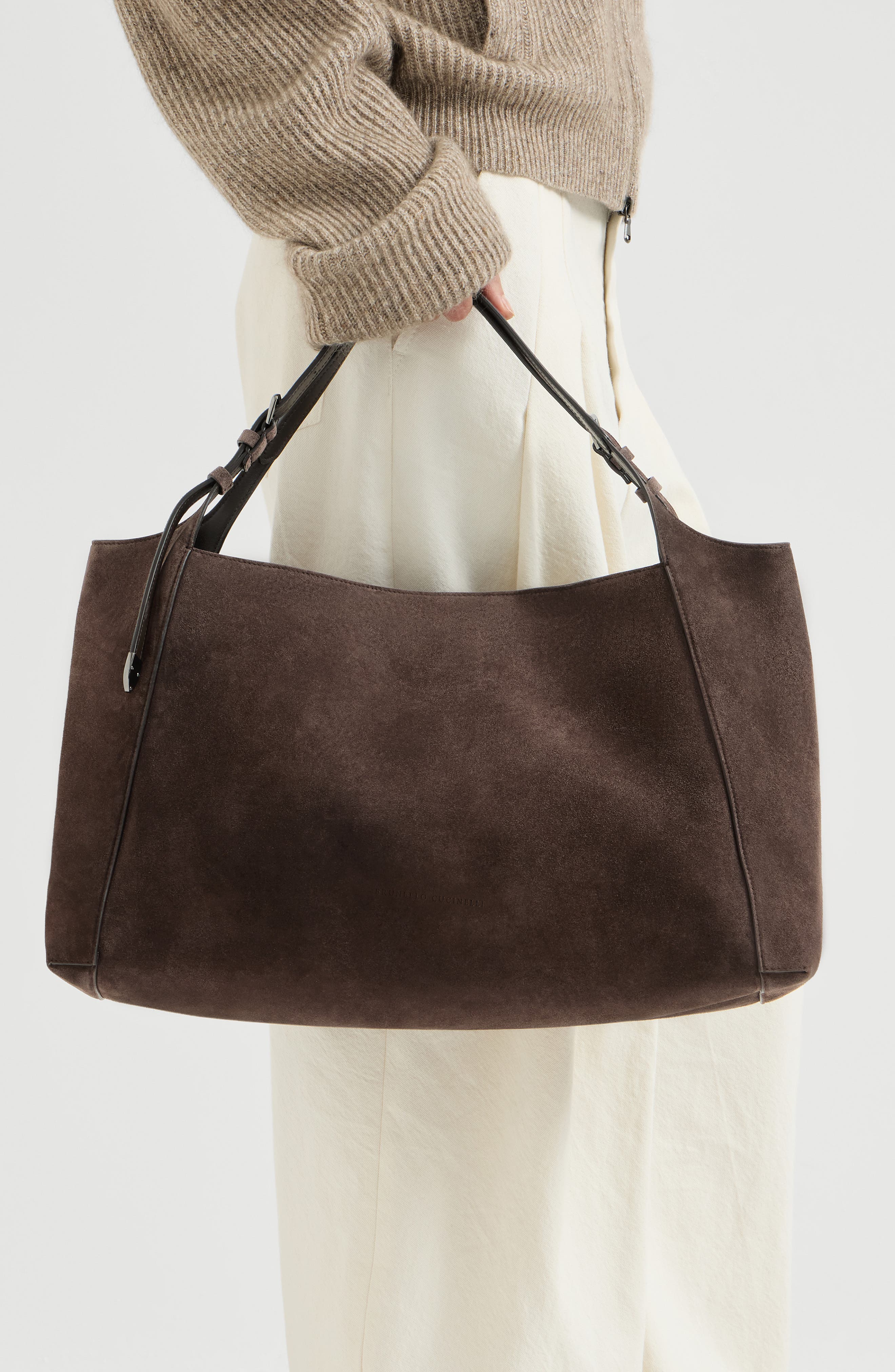 Sartorial shoppper bag in suede, Alternate, color, Pine Cone Brown