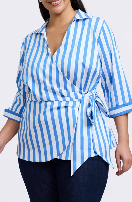 Foxcroft Salina Stripe Cotton Clend Wrap Shirt In Cobalt Blue White