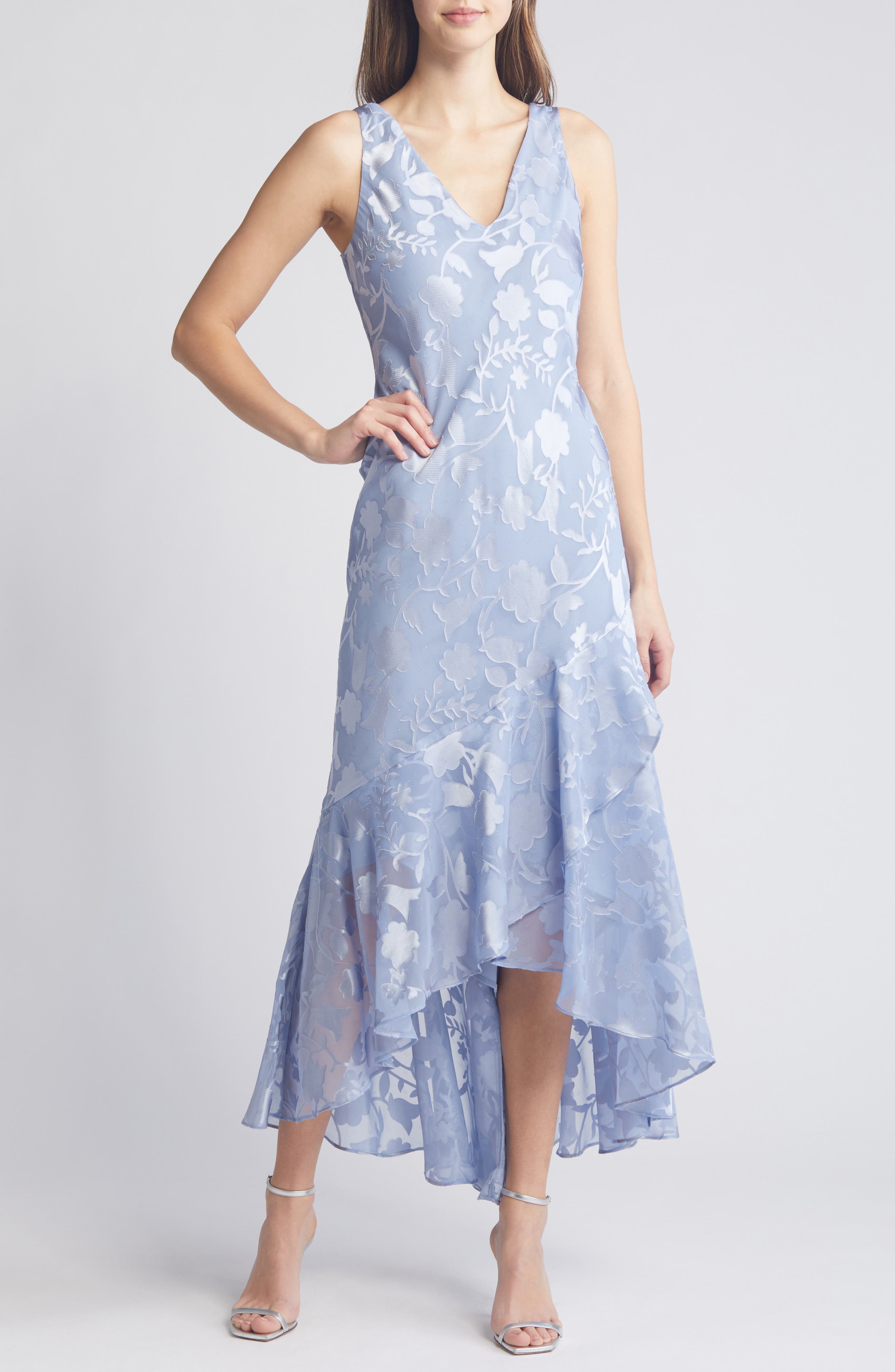 Metallic Floral High-Low Chiffon Jacquard Midi Dress with Jacket