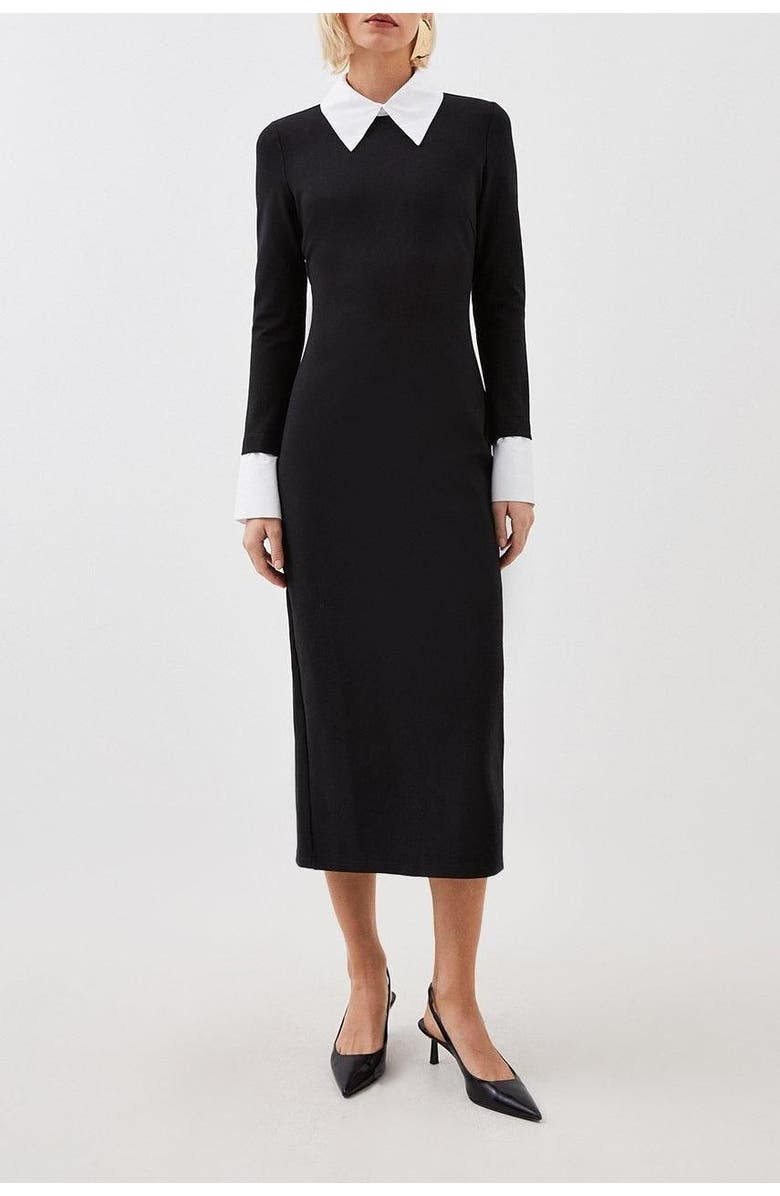 Karen Millen Jersey Cotton Poplin Midi Collar Dress, Alternate, color, Mono