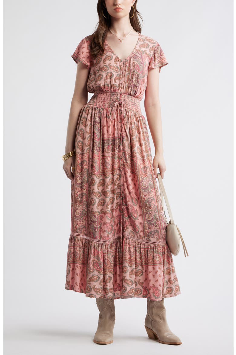Print Smocked Waist Ruffle Hem Maxi Dress, Alternate, color, PINK- OLIVE PATCHWORK PAISLEY
